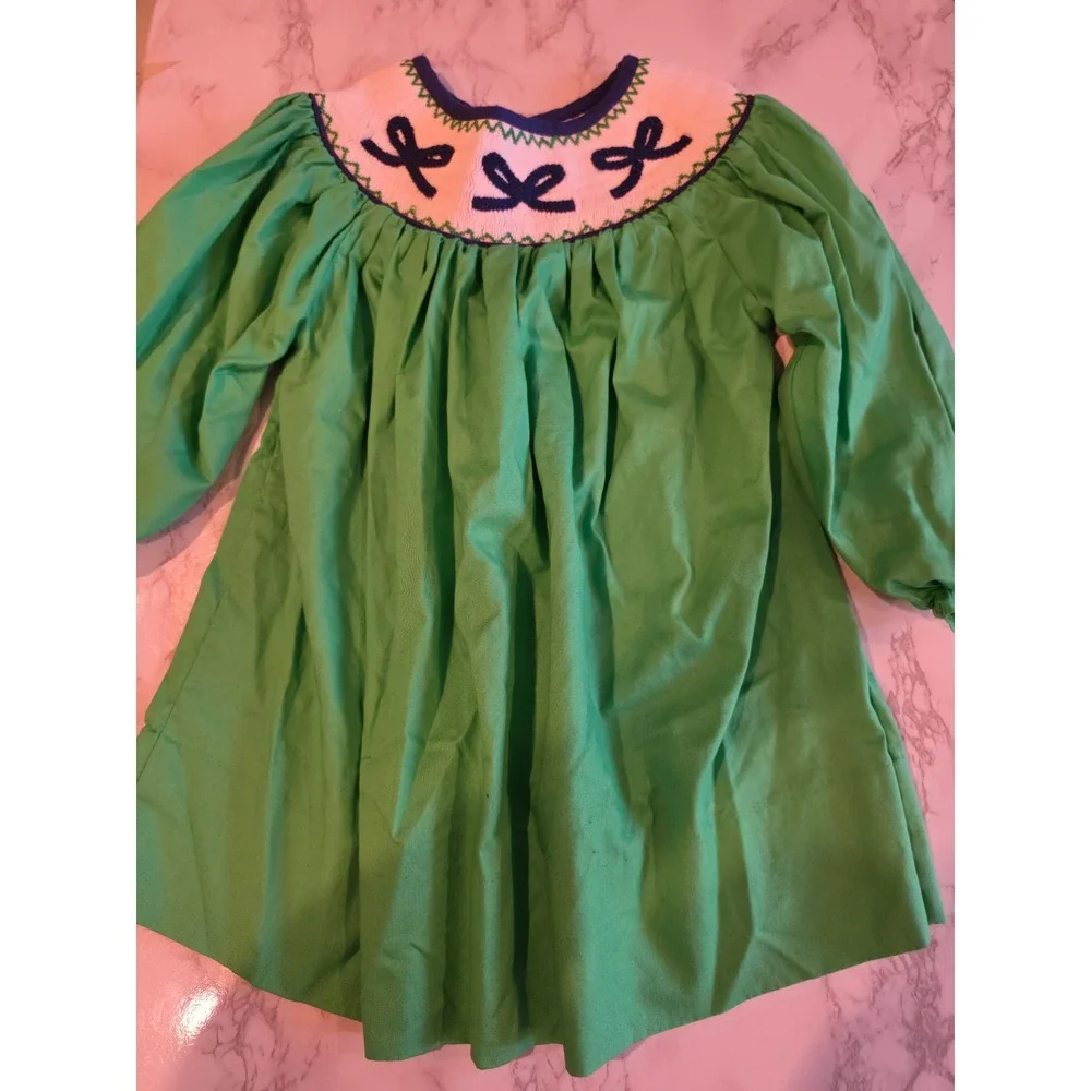 The Bella Bean Green Smocked Bishop Dress Navy Bows Long Sleeve 2T